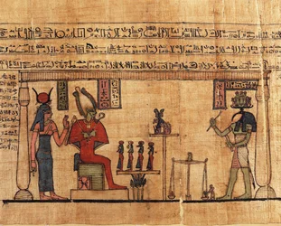 オウシルールの『第一の呼吸の書』のパピルス、イシスとオシリスの前でオウシルールの魂を量るトト