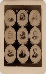 パリ・コミューン（1871年）：フランス社会党の政治家たちの肖像：左から右、上から下へ。エティエンヌ・アラゴ、ジュール・フェリー、ジュール・シモン、ジュール・ファーヴル、レオン・ガンベッタ、エクトル・クレミュー、ペレタン、トロチュ、ロシュフォール。厚紙にプリント