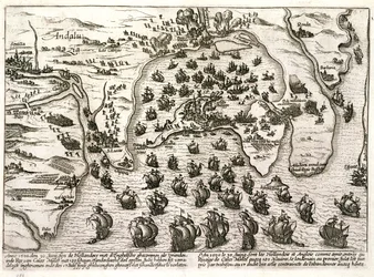 サー・ウォルター・ローリーによる攻撃時の1596年のカディス港の計画（彫刻）