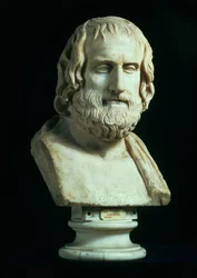 エウリピデス（紀元前480～406年頃）の肖像胸像、紀元前4世紀後半のギリシャの原型のコピー（大理石製