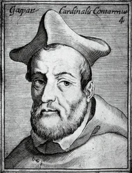 イタリアの枢機卿・司教Gasparo Contarini (1483-1542)の肖像、Claudius Pernetus作『Illustrissimorum, omnique virtutis, et scientiarum laude praestantissimoru virorum icones』からの彫刻。