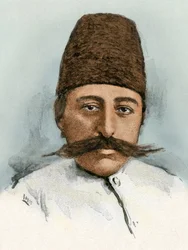 1896年から1907年までイランの国王であったモザファル・アッディーン（アド・ディーン）（Mozaffer ed dine, Mozaffer-ed-dine, Mozzafar-al-Din, Mozzafar al-Din, Mozaffaredin）（1853-1907）の肖像。19世紀のカラー版画。