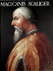 Cangrande I (1291-1329) と呼ばれる Verona Can Francesco della Scala の領主の肖像 匿名の絵画。 ウフィツィ美術館 (オフィス)、ジョヴィアーナ コレクション
