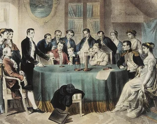 1801年、ヴォルタがナポレオン・ボナパルト第一執政に贈った電気電池の実験（エングレーヴィング）