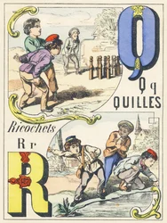 Q R: スキットル、跳ね返り - Game Alphabet, c.1890 (イラスト)
