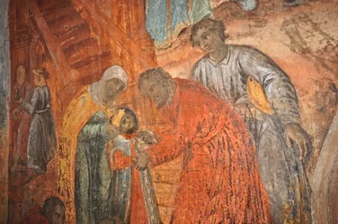 ロシア、ウグリッチ、血の上の聖ディミトリウスのロシア正教会（1630年）、ディミトリウス（イワン雷帝の息子）の死を描いたフレスコ画