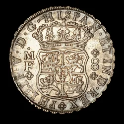 希少銀貨、スペイン領アメリカ国王フェルディナンド6世、8レアル、スペイン紋章冠盾 1740年（写真）