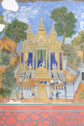 カンボジアのプノンペンにある王宮複合施設の壁を飾るリアムカーのフレスコ画（写真）