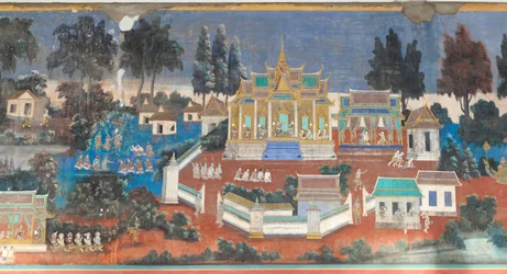 カンボジアのプノンペンにある王宮複合施設の壁を飾るリアムカーのフレスコ画（写真）