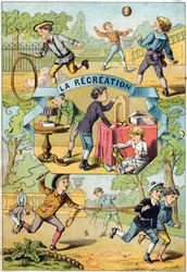 学校の校庭でのレクリエーション。Alphabet des petits ecoliers "に掲載された版画。エピナルの画像、1885年頃。プリヴェ・コレクション