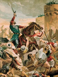 1099年、サラセン人に対するバレンシア包囲戦におけるレコンキスタの英雄、ロドリゴ・ディアス・デ・ビバール（1043-1099）のシッド像。