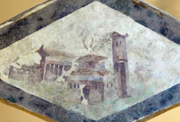 ローマ時代のヴィラ、ナルボンヌ、200年頃のクロ・ド・ラ・ロンバルドのドムスのフレスコ画（フレスコ画）