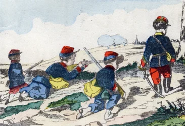 スナイパー。Alphabet militaire enfantin "に掲載された版画。1890年頃のポン・ア・ムソンをイメージしています。20ページ。寸法：28.5x21cm