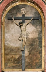 南トランセプト、クルシフィクスの祭壇、アンジェロ・ナーニとカルロ・ナタリ1641年、ジャコモ・ベルテシ1687年による木製のコクリフィクス、サンタ・マリア・アスンタ大聖堂、大聖堂、クレモナ、ロンバルディア州、イタリア（写真
