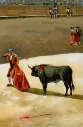 Sport. Bullfighting. The Matador thrusting the sword: the estocada. Illustration, Germany, c.1920.   1439404   ja       japanese Successfully Translated  Original: Young Girl With Child (oil on canvas) Translat: Young Girl With Child (oil on canvas) 145519