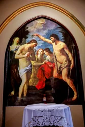 聖ペテロとパウロの使徒教会、パレルモ、シチリア、イタリア。キリストの洗礼、グイド・エニが1623年に描いた絵のコピー。(写真)