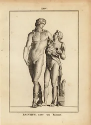 ローマ神話のワインの神バッカスと若いファウヌスの像