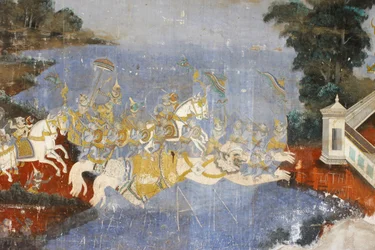 シルヴァー・パゴダ ヒンドゥー教の古典的な詩「ラーマーヤナ」をカンボジア語（クメール語）で表現した「リームカー」の場面を描いた壁画（カンボジア・プノンペン