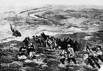 中国紅軍が湿地帯を通過する』。Li Huan-minによる木版画。赤軍が湿地帯を通過する様子が描かれている（1935年