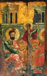 聖母マリアと両親（船上のリネンに水彩）