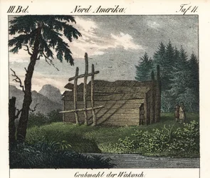 ワカシャンインディアンの木の墓（カナダ）。本のための石版画：Friedrich Wilhelm Goedsche (1785-1863)による「Galerie complete en tableaux fideles des peuples d