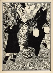 男爵は、アメリカの木の上で大きな鳥とロティを発見します。 ルドルフ・エーリッヒ・ラスペ (1736-1794) 作「ミュンヒハウゼン男爵の冒険 (1789)」よりウィリアム・ストラング (1859-1921) と JB クラークによるイラスト