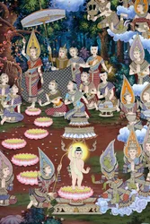 Vauvan Siddharthan syntymä, seinäfresko, Wat Maniratanaramin luostari, Phnom Penh, 2022 (kuva)