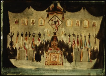 ホレイショ・ネルソン（1758-1805）の遺体は、葬儀の3日目にグリニッジの旧ロイヤル・ネイヴァル・カレッジのペインテッド・ホールに安置されている。棺を覆う黒い布が取り除かれ、黒装束の衛兵が両側に立っている