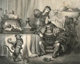 長靴を履いた猫とオーガの出会い。シャルル・ペロー（1628-1703）の「Les contes」からギュスターヴ・ドーア（1832-1883）が描いた版画。