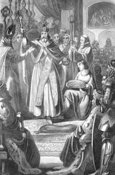 1273年10月24日、ドイツのアーヘン大聖堂におけるハプスブルク家のローマ王ルドルフ1世（1218-1291）の戴冠（1273年10月24日、アーヘン大聖堂で戴冠するドイツ王ルドルフ1世）。ロッテックの『ビルダー・ガレリー・ツア・アルゲム』からの版画、1843年、プリヴァ