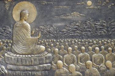 Tinh Xa Ngoc Chau Buddhist temple, The Life of Buddha, Siddhartha Gautama, Buddha with disciples, teaching, The Buddha exhorted His first sixty Arahant disciples to go out in different directions to preach the Doctrine, Chau Doc, Vietnam, 2018 (pho)