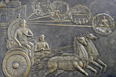 Tinh Xa Ngoc Chau Buddhist temple, The Life of the Buddha, Siddhartha Gautama, Prince Siddhartha asked a charioteer to take his series of rides in the countryside, Chau Doc, Vietnam, 2018 (photo)