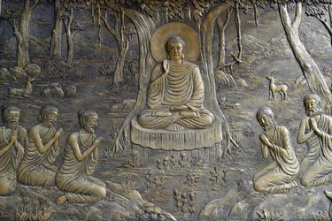 Tinh Xa Ngoc Chau Buddhist temple, The Life of the Buddha, Siddhartha Gautama, The Buddha preached His first sermon to the five monks at the Deer Park in Varanasi, Chau Doc, Vietnam, 2018 (photo)
