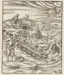 ビスマスの加工 - Lazarus Eckerによる「鉱山と主な採掘方法の説明」からの版画