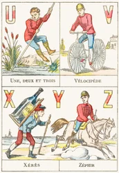 UVXYZ; U：1、2、3。 V：ベロシペード; X：ゼレス; Z：Zephir-Games Alphabet、c.1890（彫刻）