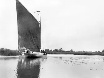 イギリス : ランワース近くのビューア川に浮かぶウィリー。ノーフォーク・ブローズ。