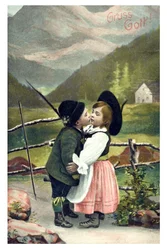 バレンタインデーのグリーティング カード「Gruess Gott」: バイエルン州の子供たちのカップルがお互いにキスをしている