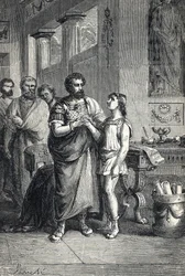 ヴァレンティニアヌス 2 世は、グラツィアン (375) によってローマ皇帝を認めました。 1888年（版画）