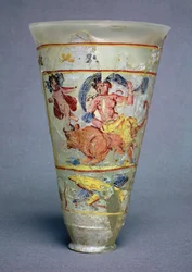 ローマ時代のエウロパと牡牛を描いた彩色装飾付き花瓶（ガラス製）（98005も参照