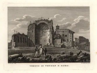ヴィーナスとローマの神殿（Templum Veneris et Romae, Tempio di Venere e Roma, Rome）」の遺跡の眺め。