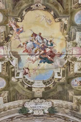 テアティーニ ルーム、サン ヴィンチェンツォ教会、ピアチェンツァ、エミリア ロマーニャ、イタリアのフレスコ画のある金庫室の眺め (写真)
