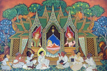 タイの仏教寺院、Wat Ananda Metyarama。ゴータマ・シッダールタ（通称ブッダ）の誕生、20160818年、シンガポール、シンガポール