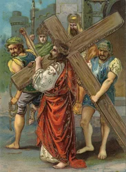 十字架の道 - via crucis - 十字架の駅：第2駅、イエスが十字架を運ぶ クロモリトグラフィー 個人蔵