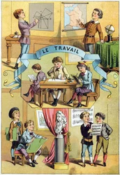 教室での作業風景。Alphabet des petits ecoliers "に掲載されているエングレービング。エピナルの映像、1885年頃。プリヴェ・コレクション