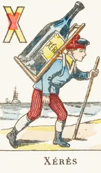 X : Xeres, 少年がワインの大瓶を背負っている - ゲームアルファベット, 1890年頃 (彫刻)