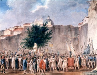 バスティーユ廃墟の中でのパーティー、パリ、1793年頃（水彩画）