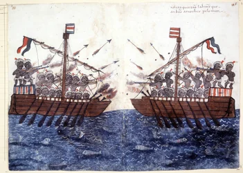 16世紀、インド洋での海賊船との遭遇を描いた版画。ローマのビブリオテカ・カサンテンセ。