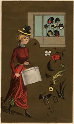 帽子箱を運ぶブルジョワの女性 無名のクロモリトグラフ 19世紀後半