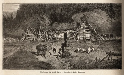 モン・ドール（Mont Dore）のビュロンは、フランス中央部の山の牧草地にある建物で、季節ごとに営業しており、5月から10月までチーズを作ったり、牛を収容するために使われています。1864年、フランス中央部の火山への航海を説明するためのエングレーヴィング。