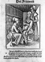 出産の様子。ハゲナウの「Der swangern frawen und hebammen Rosengarten」の後のKonrad MerkelのXylography